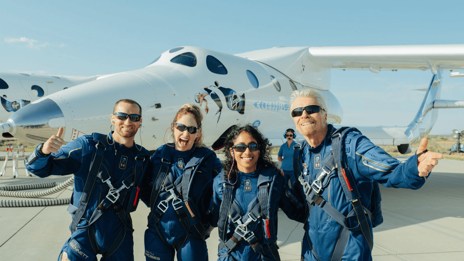 The first four space tourists after their suborbital flight on 11 July 2021 aboard the Space ShipTwo rocket-plane. From left to right: engineer Colin Bennett, instructor Beth Moses, company vice-president Sirisha Bandla, Richard Branson founder of Virgin Galactic Credit: Virgin Galactic