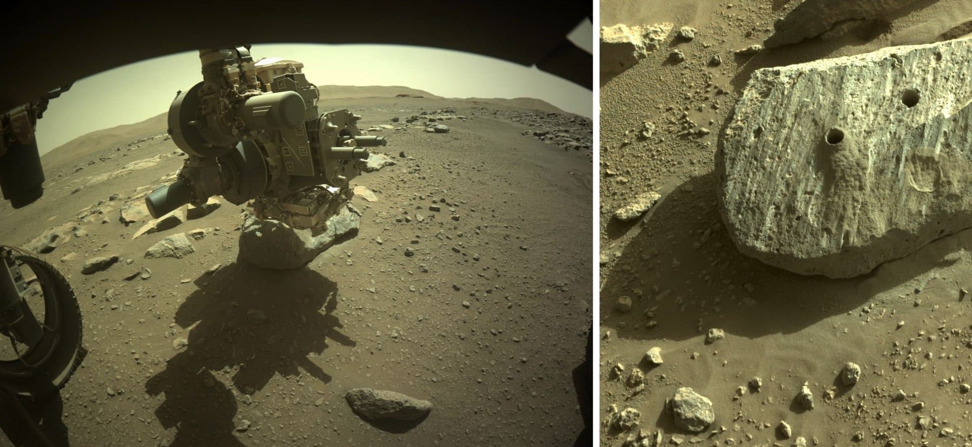 À gauche : la perceuse de Perseverance à l’œuvre sur Rochette. À droite : les deux trous de 2,7 cm de large et 7 cm de profondeur laissés par les opérations de forage de début septembre 2021. Crédit : NASA/JPL/Caltech/MSSS-Cité de l’espace