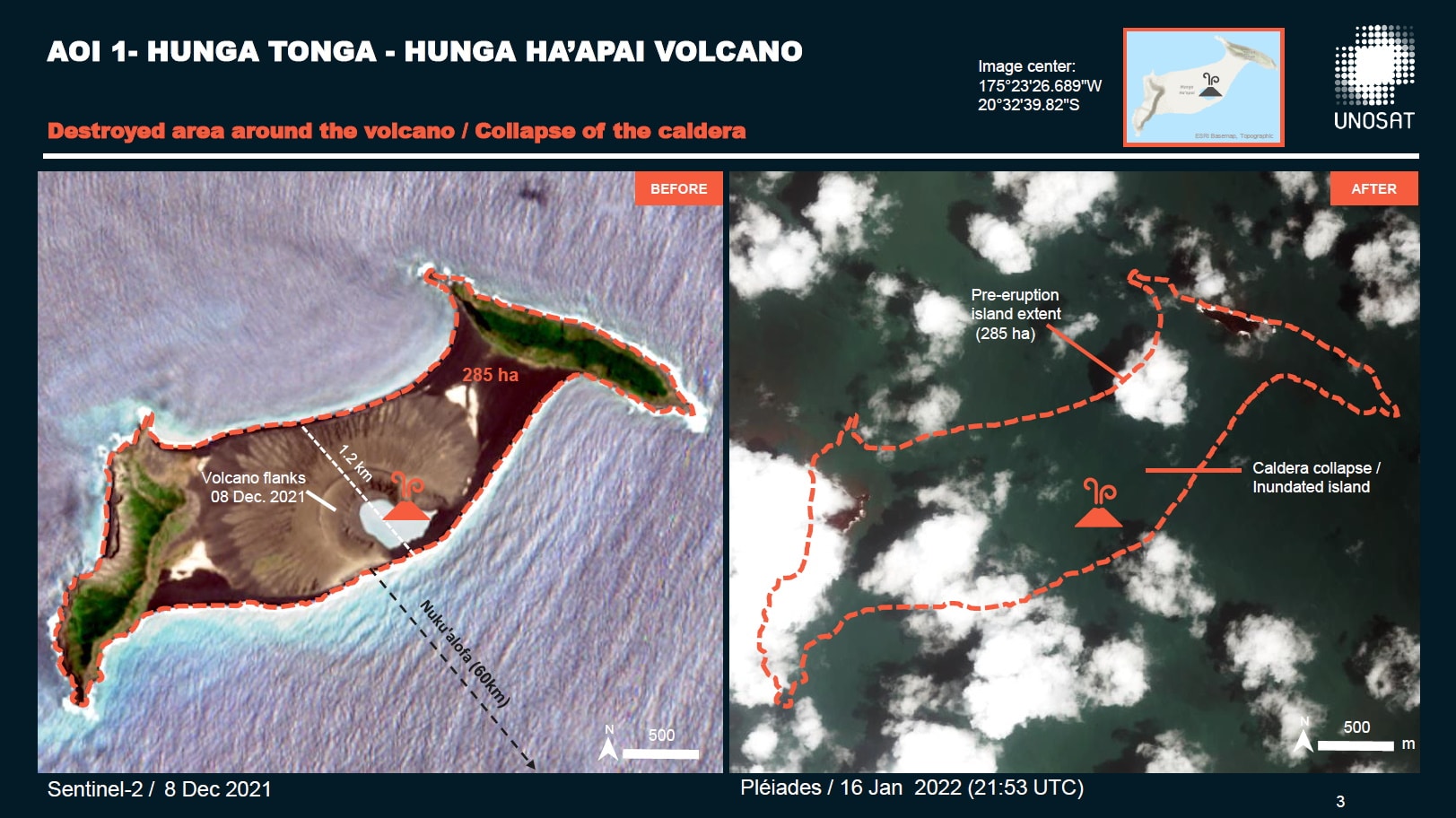 Le volcan Hunga Tonga avant et après son éruption du 15 janvier. L’île qui résultait de la caldera semble avoir disparue. Le document d’interprétation de la Charte indique en effet: «effondrement de la caldera / île submergée». Crédit : Charte Internationale Espace et Catastrophes Majeures