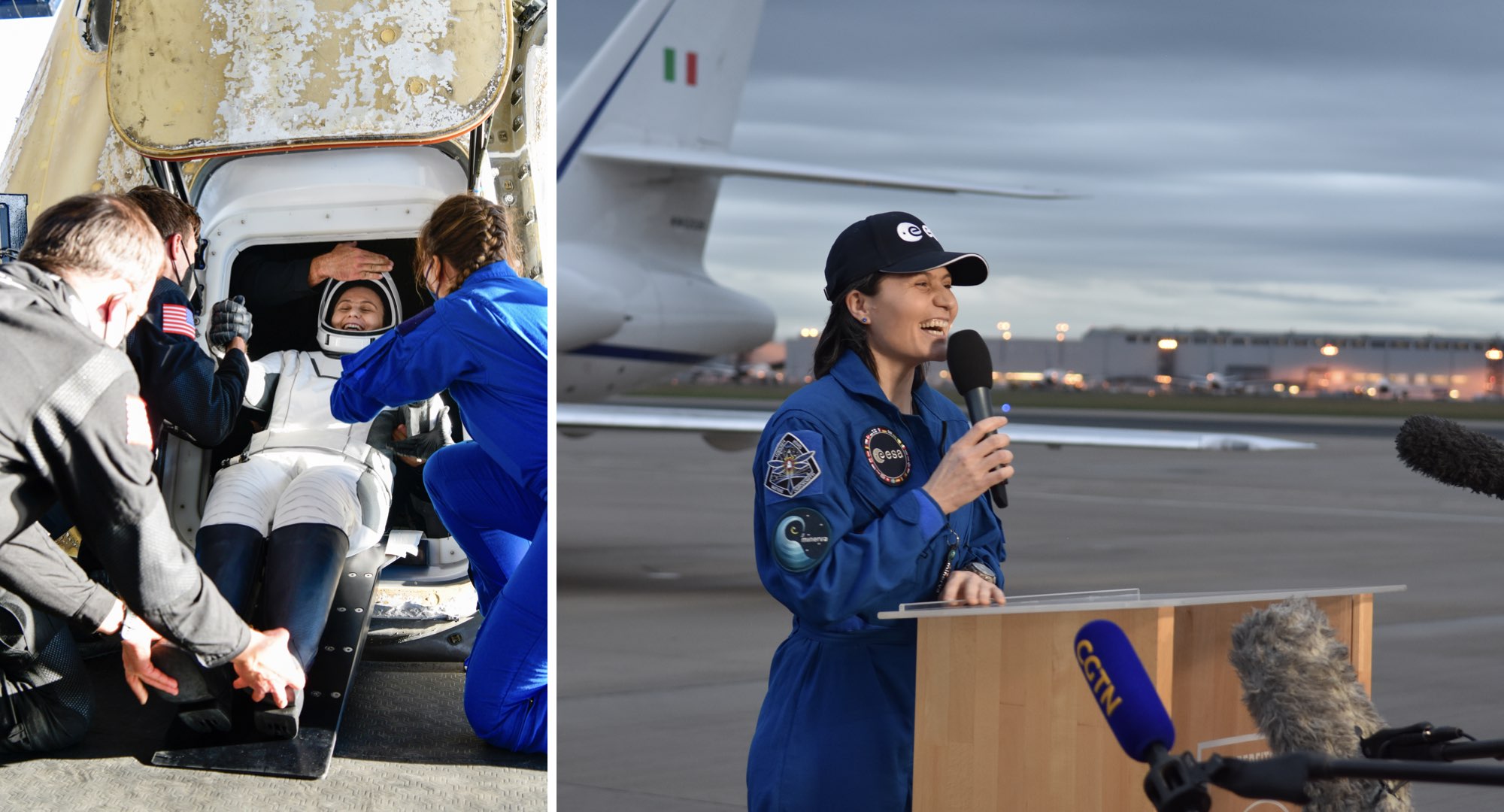 Gauche : Samantha Cristoforetti est sortie de la capsule Crew Dragon après l’amerrissage du 14 octobre. Droite : Arrivée le lendemain à Cologne en Allemagne afin que les équipes de l’European Astronaut Centre de l’ESA suivent sa réadaptation à la Terre. Crédit : Cité de l’espace/S. Corvaja/N. Ivanova