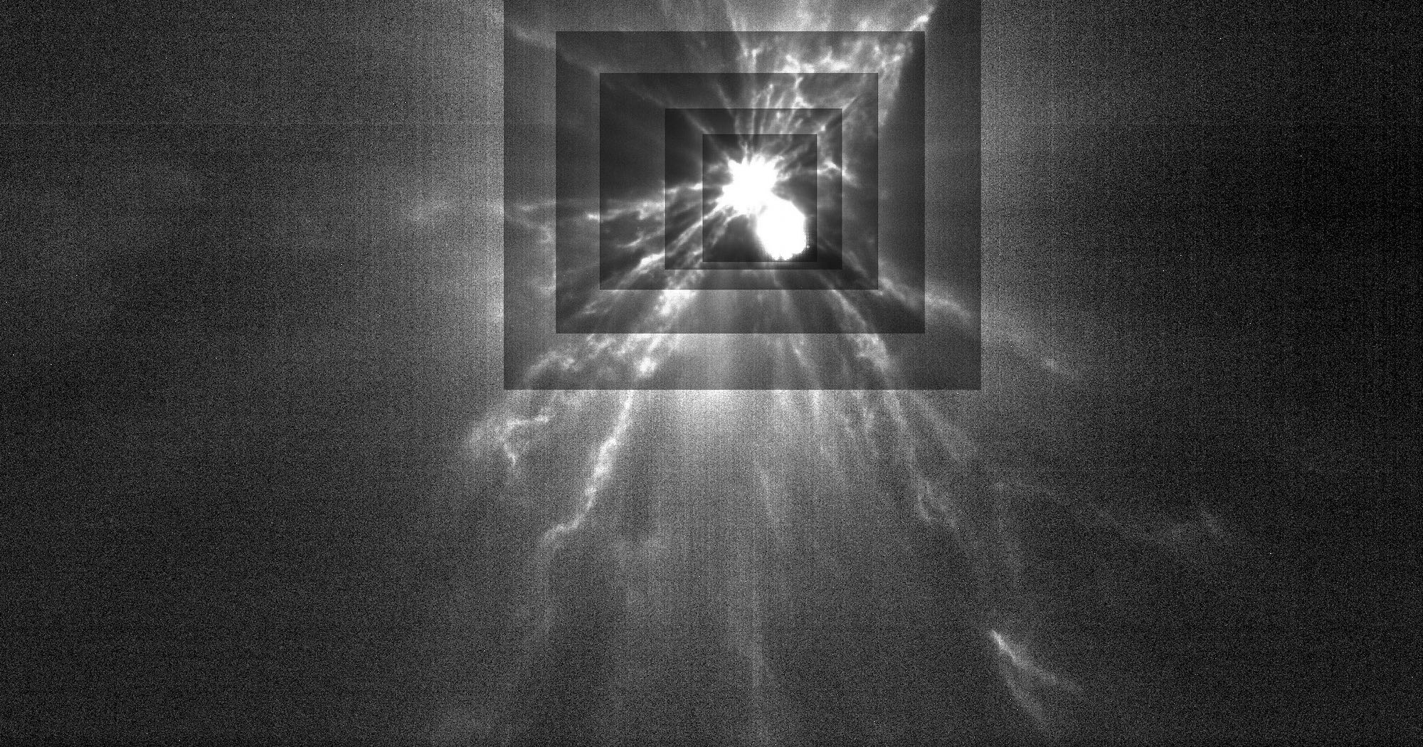 Les rectangles s’expliquent par des réglages de contraste différents afin de mieux montrer les panaches issus de Dimorphos après le crash de DART sur cette petite lune. Crédit : ASI/NASA