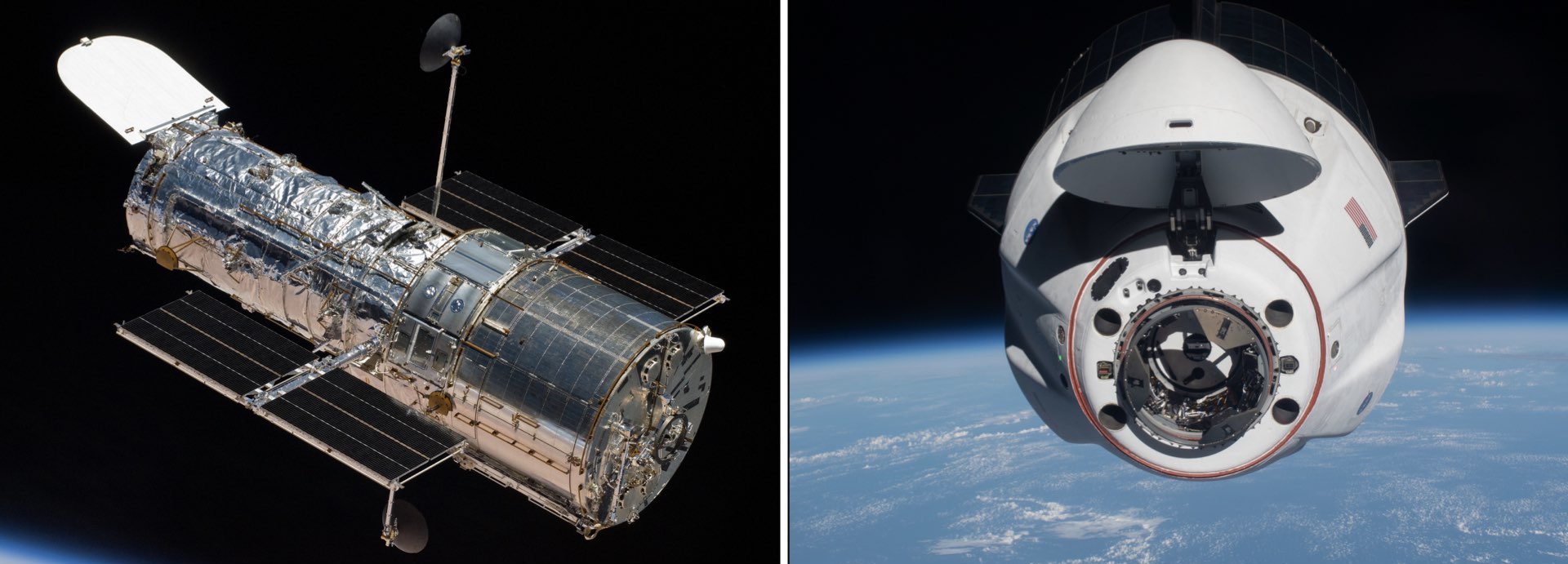 Le télescope spatial Hubble (gauche) et une capsule Dragon de SpaceX (doit). Deux images utilisées par la NASA pour illustrer son annonce du 29 septembre. Crédit : Cité de l’espace/NASA