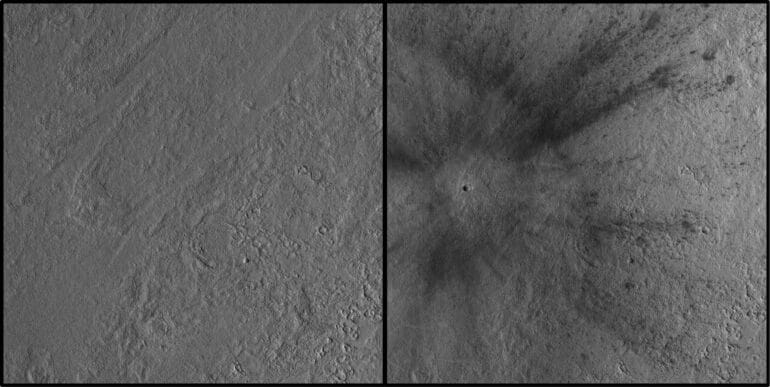 La région d’Amazonis Planitia avant et après l’impact d’un astéroïde le 24 décembre 2021. Une image de l’orbiteur MRO. Les éjectas couvrent une zone allant jusqu’à 37 km de distance ! Crédit : NASA/JPL-Caltech/MSSS
