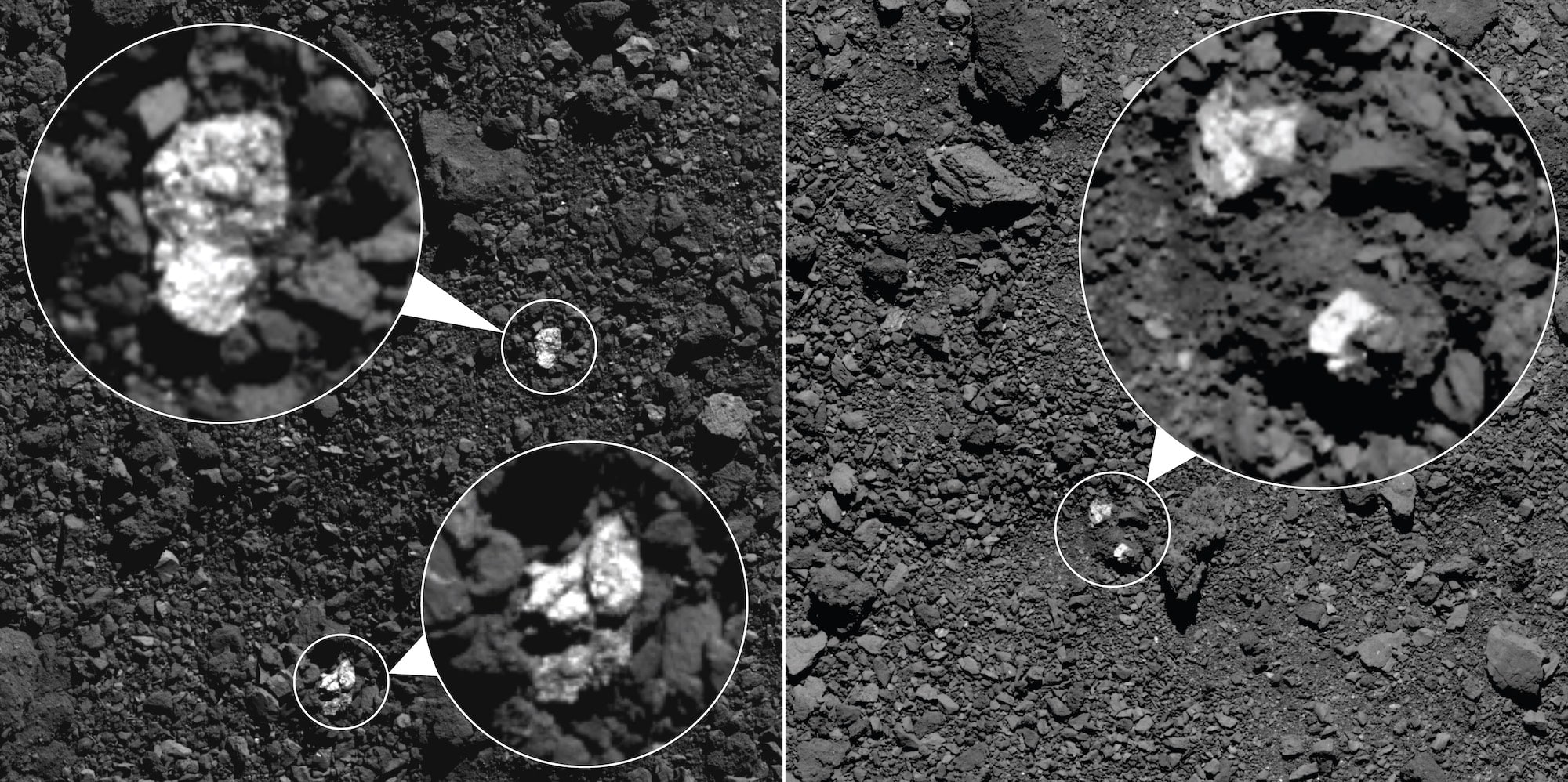 Deux clichés de la surface de Bennu par la sonde OSIRIS-REx qui montrent des rochers plus brillants probablement venus d’un autre astéroïde, Vesta. Crédit : NASA/Goddard/University of Arizona