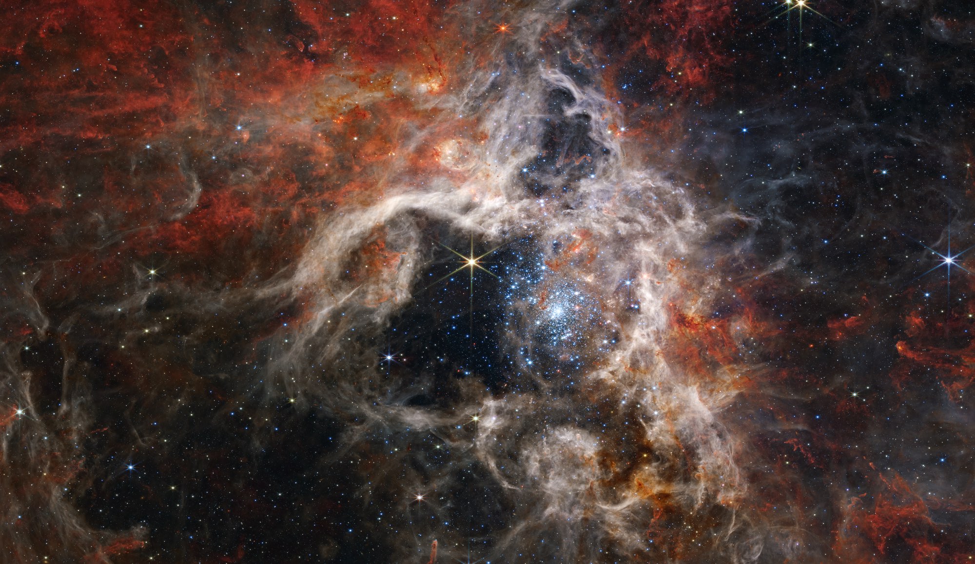 La nébuleuse de la Tarentule photographiée par le Webb en infrarouge avec sa caméra NIRCam. Crédit : NASA, ESA, CSA, STScI, Webb ERO Production Team 